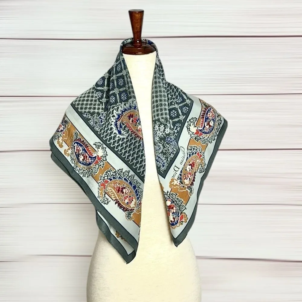 Christian Dior Silk Square Scarf Gray Paisley Hand Rolled Vintage 29x29”